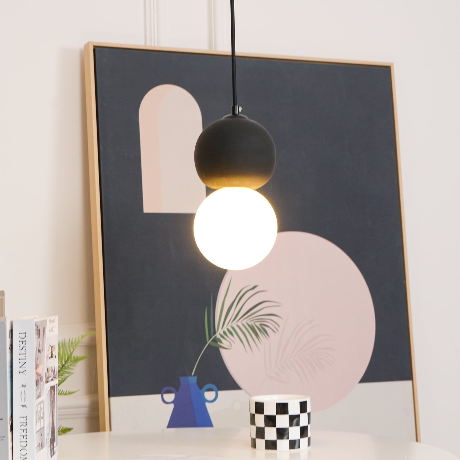 Modern Sandstone and Opal Glass Sphere Pendant Light for Minimalist Interior Decor