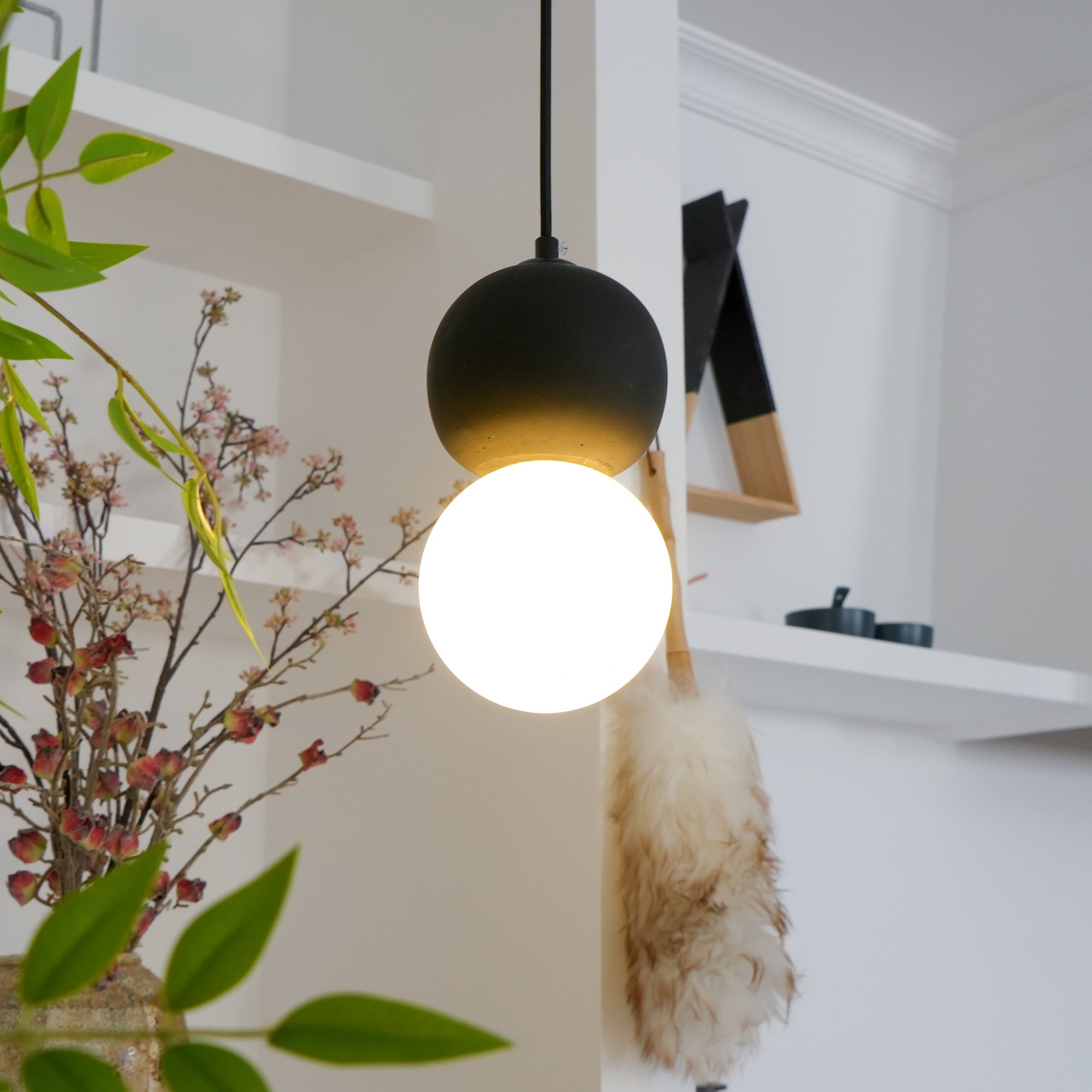 Modern Sandstone and Opal Glass Sphere Pendant Light for Minimalist Interior Decor