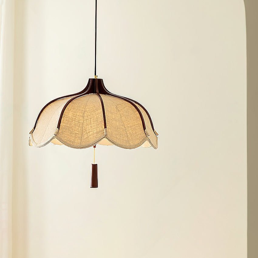 Modern Scalloped Fabric Pendant Light with Walnut Wood Accents for Kitchen and Living Room
