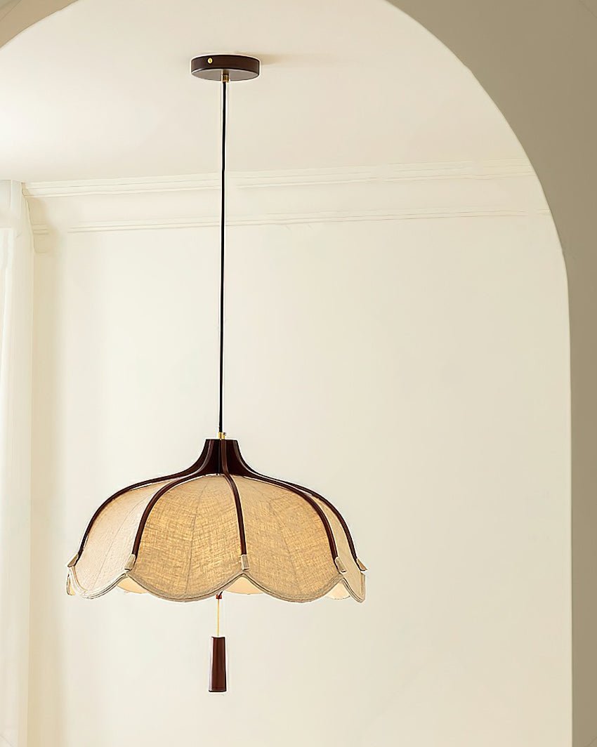 Modern Scalloped Fabric Pendant Light with Walnut Wood Accents for Kitchen and Living Room