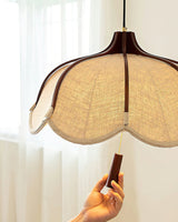 Modern Scalloped Fabric Pendant Light with Walnut Wood Accents for Kitchen and Living Room