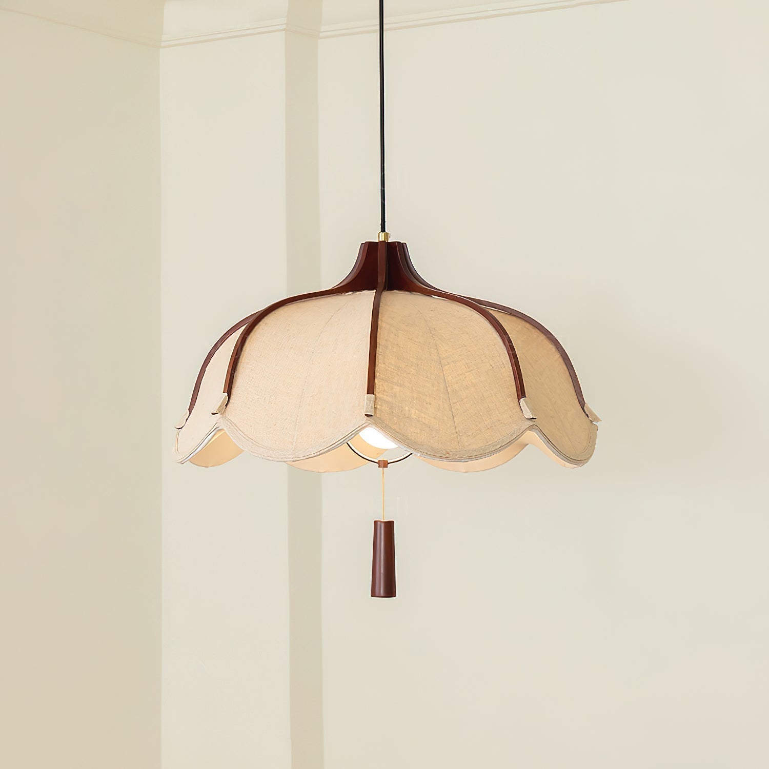 Modern Scalloped Fabric Pendant Light with Walnut Wood Accents for Kitchen and Living Room