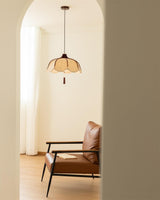 Modern Scalloped Fabric Pendant Light with Walnut Wood Accents for Kitchen and Living Room
