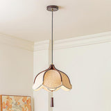 Modern Scalloped Fabric Pendant Light with Walnut Wood Accents for Kitchen and Living Room
