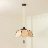 Modern Scalloped Fabric Pendant Light with Walnut Wood Accents for Kitchen and Living Room