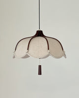 Modern Scalloped Fabric Pendant Light with Walnut Wood Accents for Kitchen and Living Room