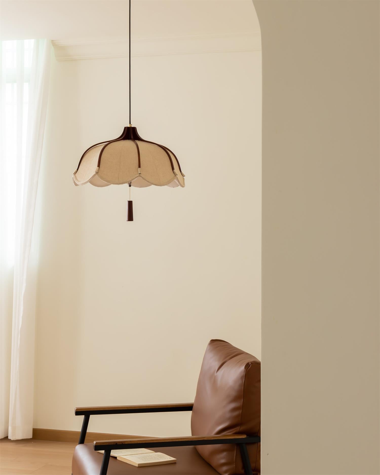 Modern Scalloped Fabric Pendant Light with Walnut Wood Accents for Kitchen and Living Room
