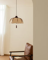 Modern Scalloped Fabric Pendant Light with Walnut Wood Accents for Kitchen and Living Room