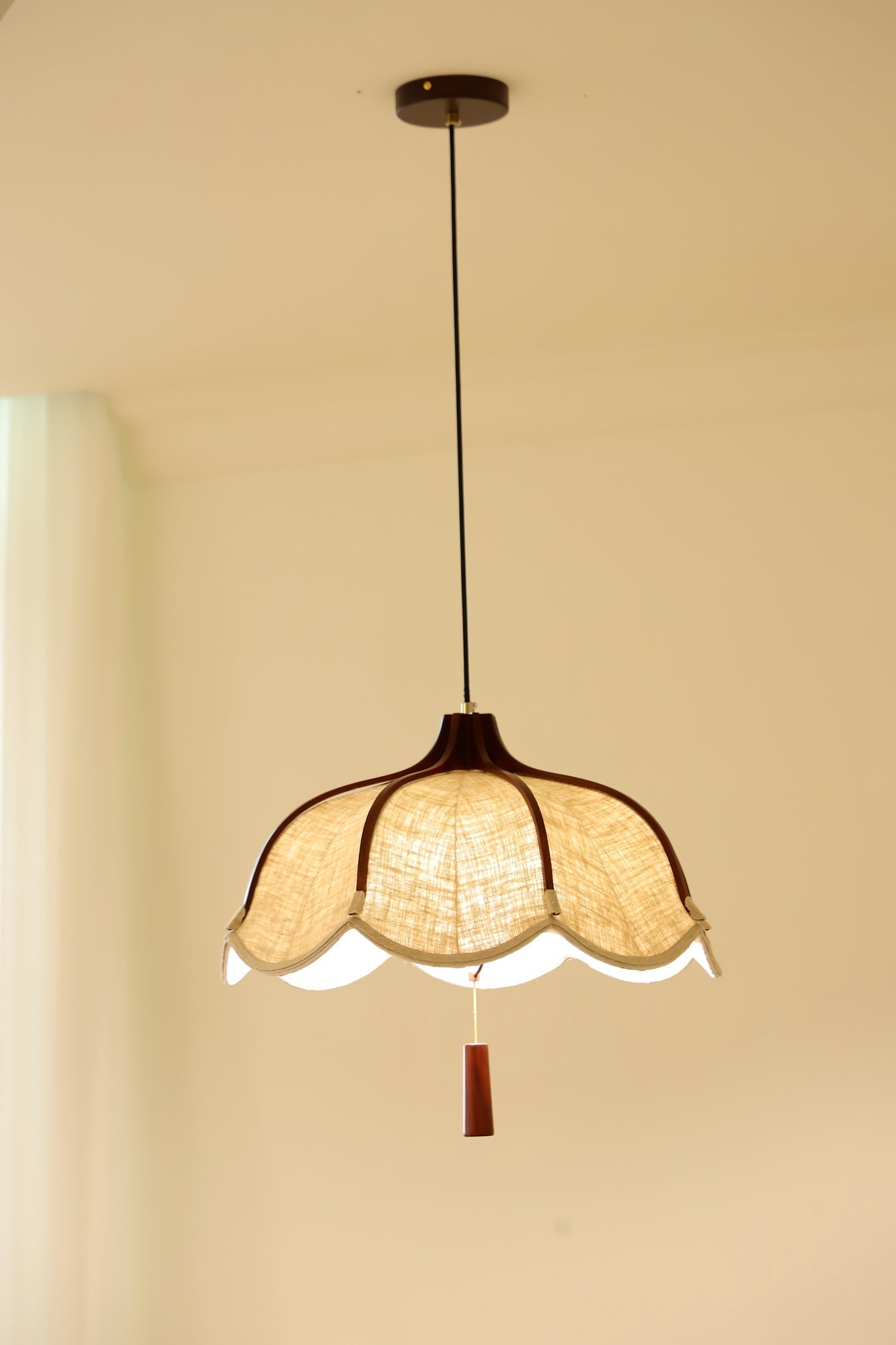 Modern Scalloped Fabric Pendant Light with Walnut Wood Accents for Kitchen and Living Room