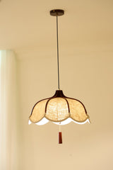 Modern Scalloped Fabric Pendant Light with Walnut Wood Accents for Kitchen and Living Room