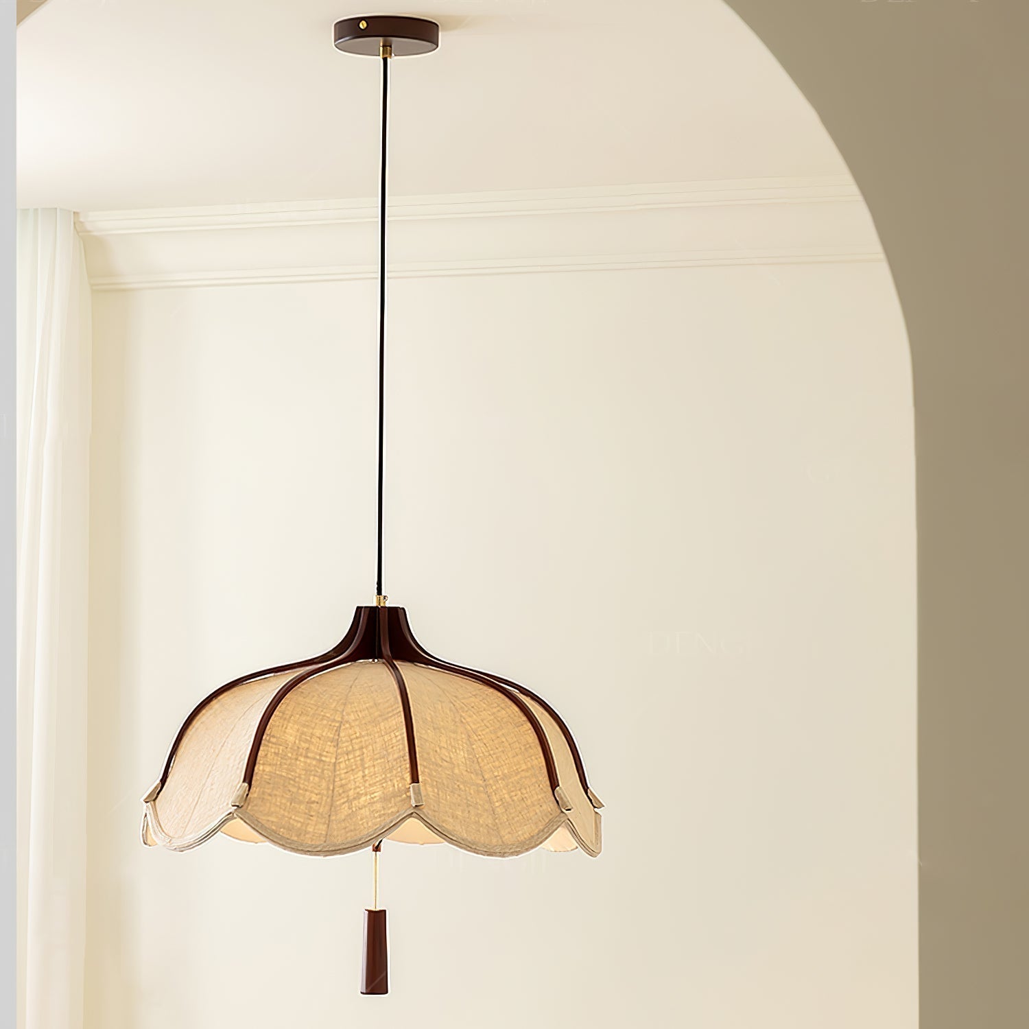 Modern Scalloped Fabric Pendant Light with Walnut Wood Accents for Kitchen and Living Room