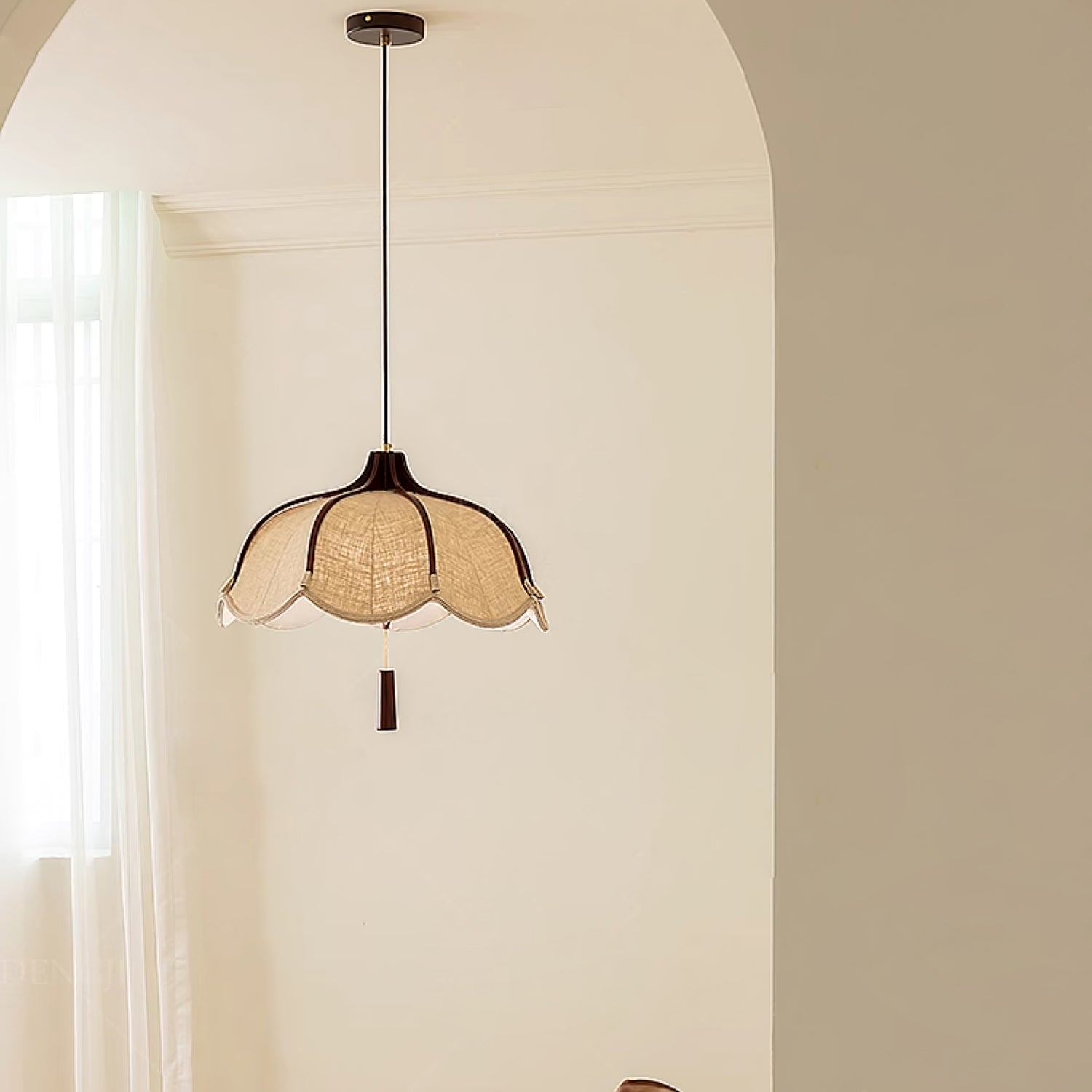 Modern Scalloped Fabric Pendant Light with Walnut Wood Accents for Kitchen and Living Room