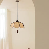 Modern Scalloped Fabric Pendant Light with Walnut Wood Accents for Kitchen and Living Room