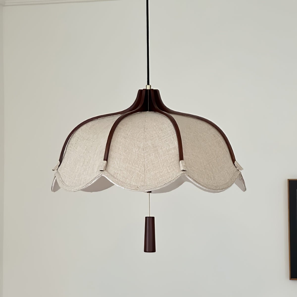 Modern Scalloped Fabric Pendant Light with Walnut Wood Accents for Kitchen and Living Room