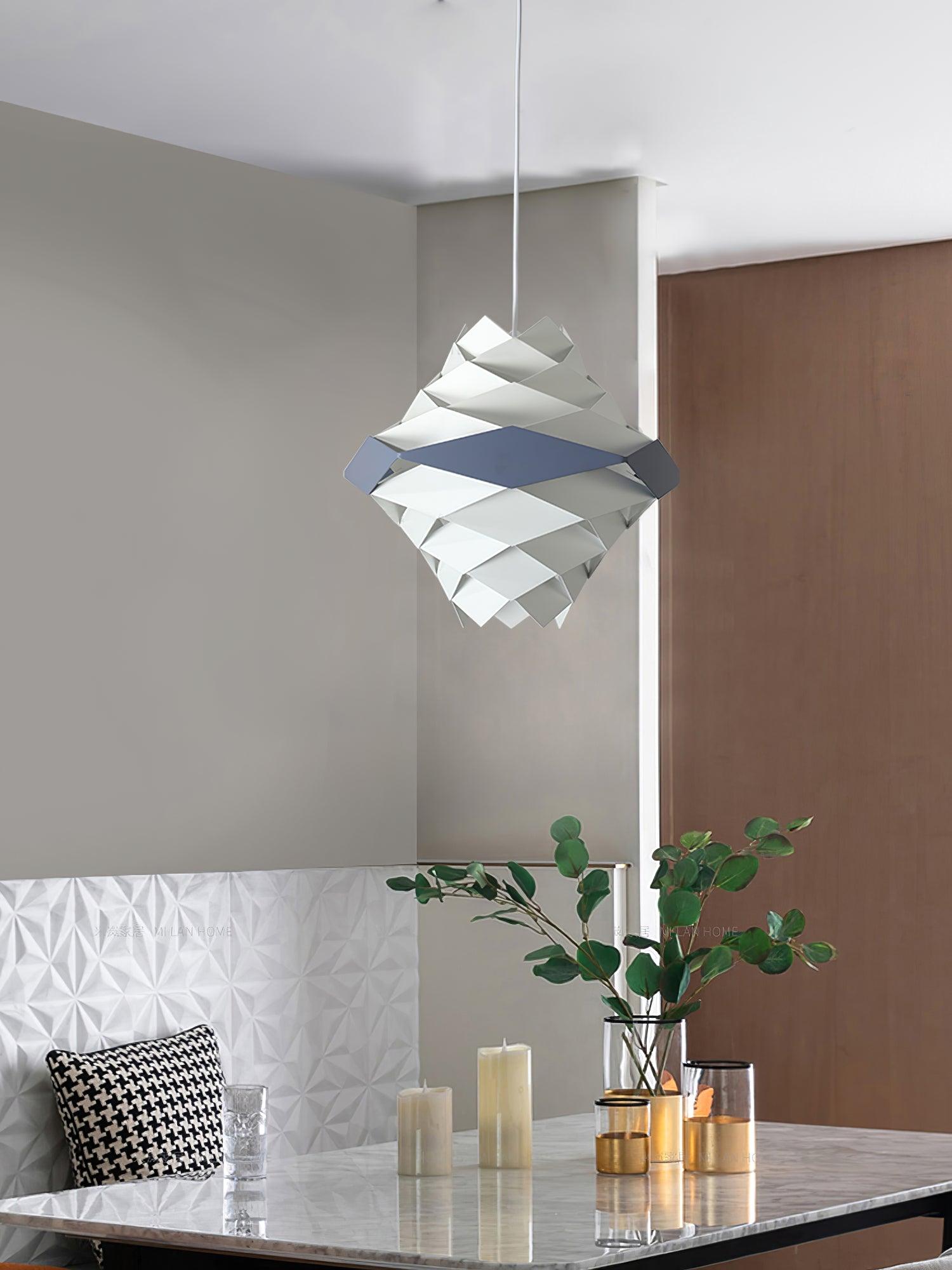 Modern Scandinavian Geometric Metal Pendant Light White and Blue Origami Style Hanging Lamp