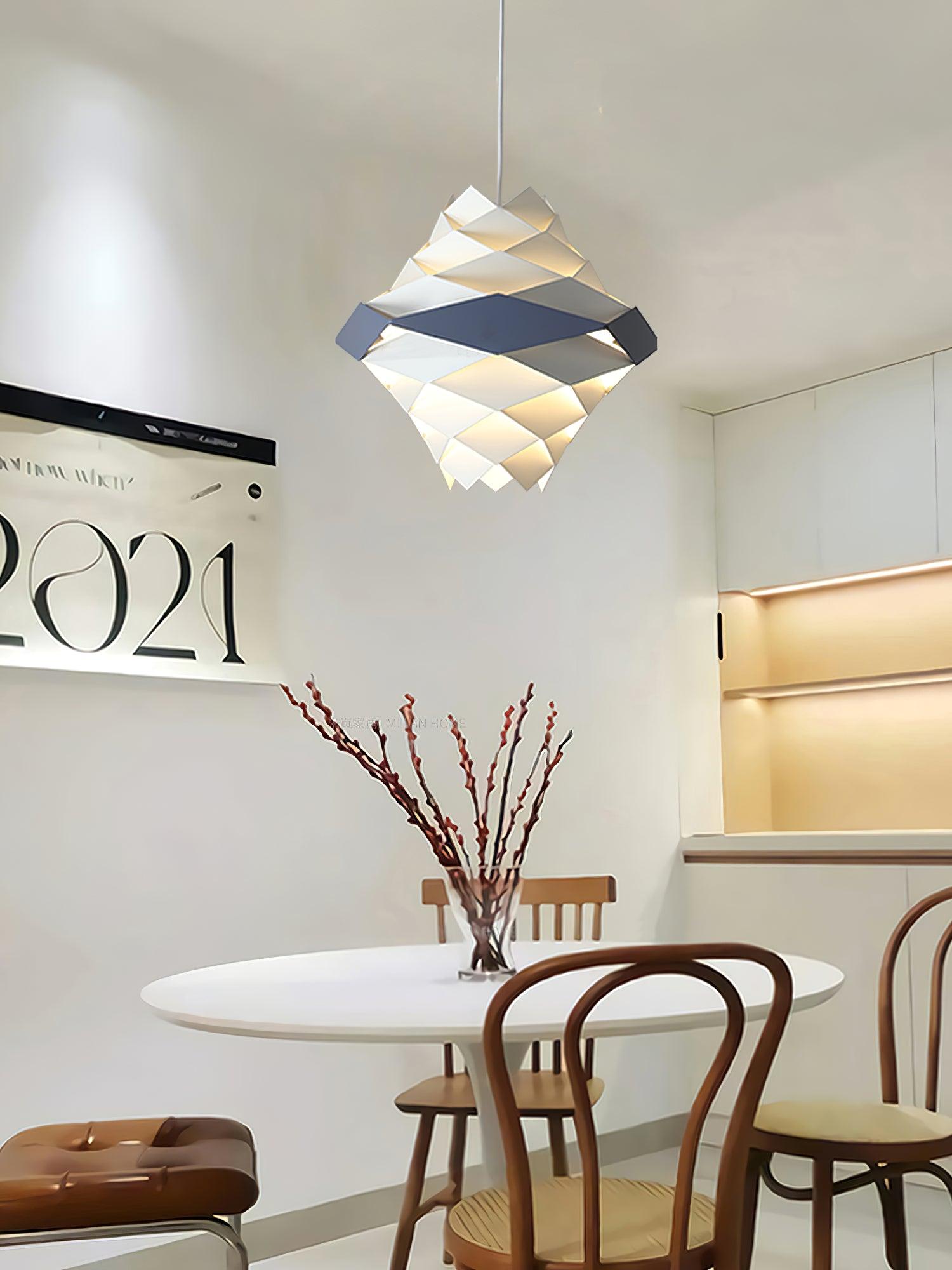 Modern Scandinavian Geometric Metal Pendant Light White and Blue Origami Style Hanging Lamp