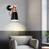 Modern Scandinavian Wood Conical Wall Sconce with Leather Strap Indoor Accent Light
