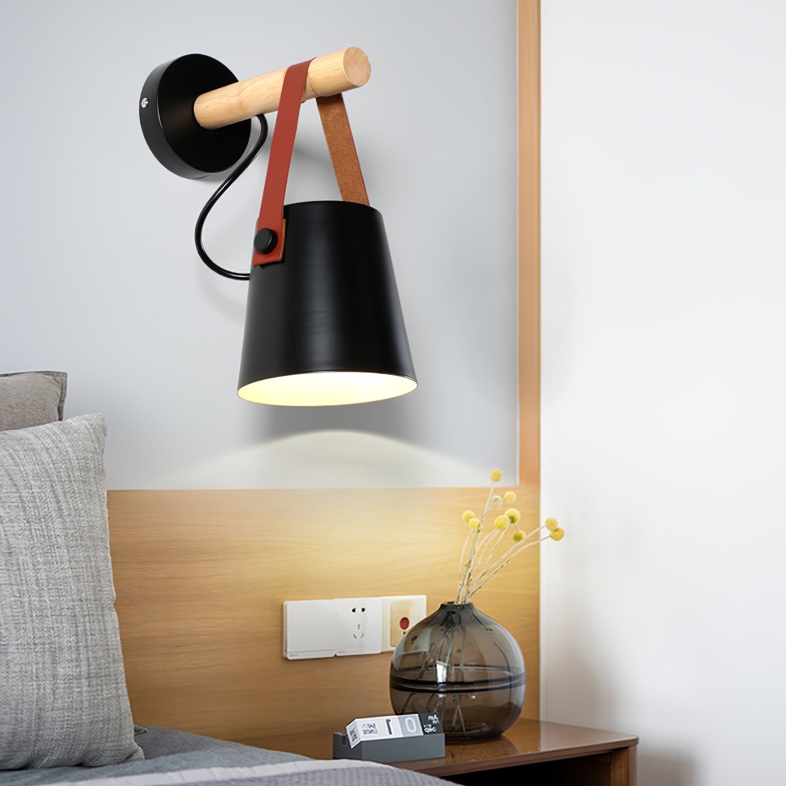 Modern Scandinavian Wood Conical Wall Sconce with Leather Strap Indoor Accent Light