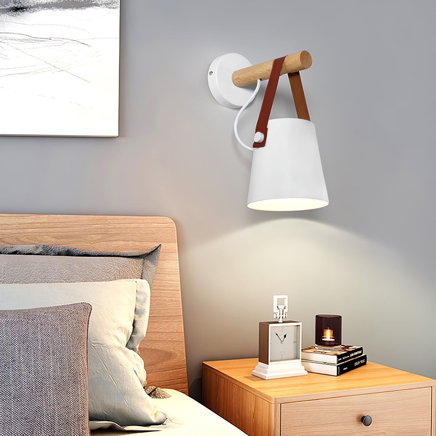 Modern Scandinavian Wood Conical Wall Sconce with Leather Strap Indoor Accent Light