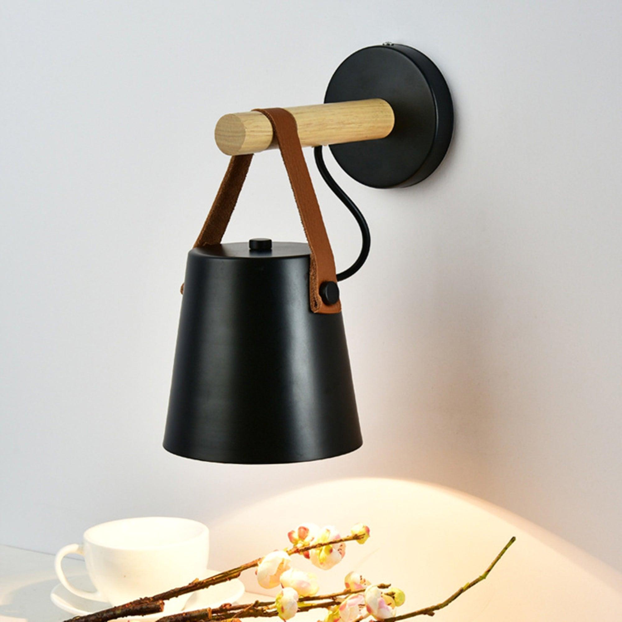 Modern Scandinavian Wood Conical Wall Sconce with Leather Strap Indoor Accent Light