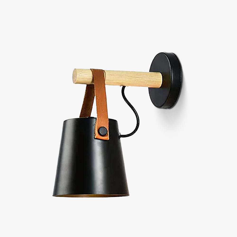 Modern Scandinavian Wood Conical Wall Sconce with Leather Strap Indoor Accent Light