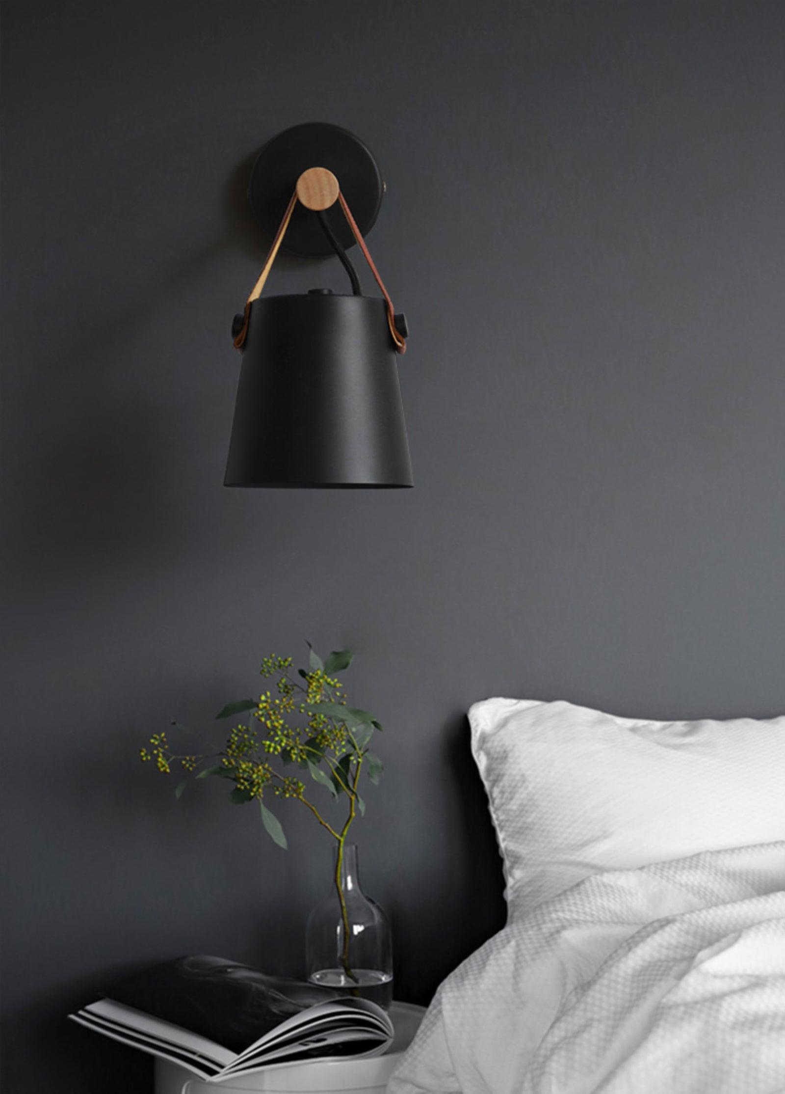 Modern Scandinavian Wood Conical Wall Sconce with Leather Strap Indoor Accent Light