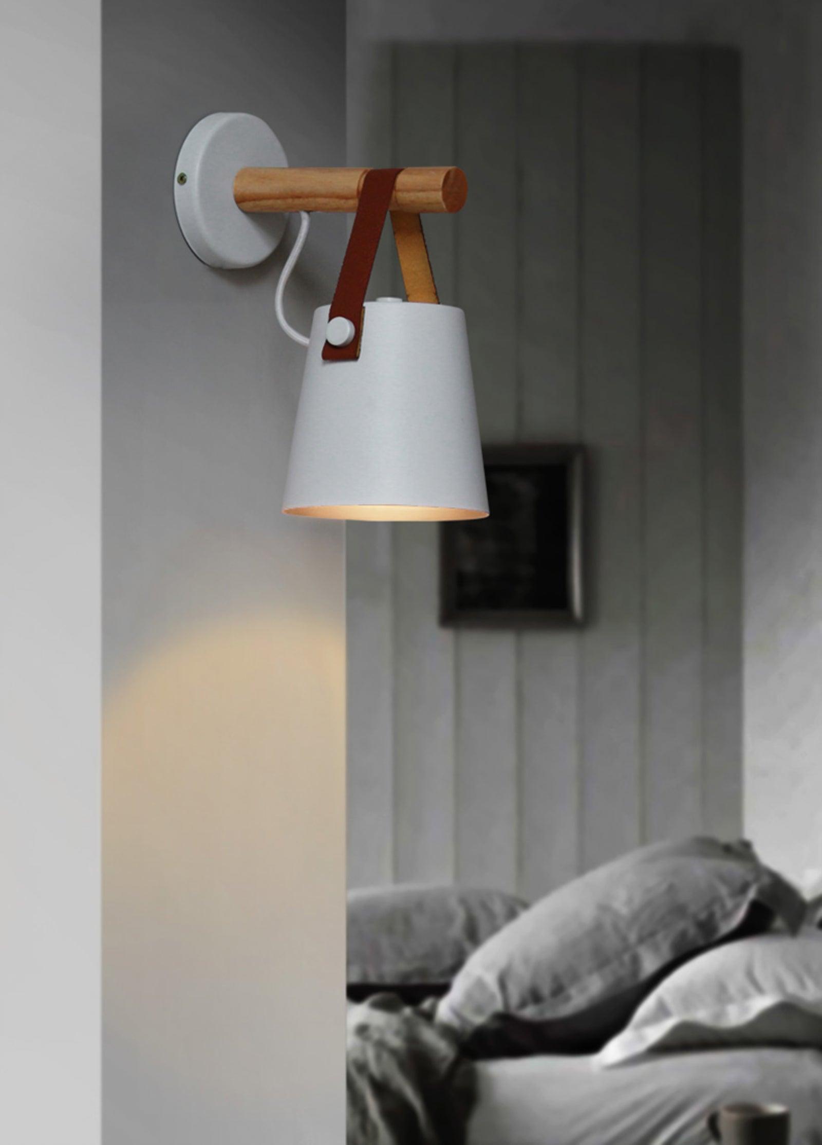 Modern Scandinavian Wood Conical Wall Sconce with Leather Strap Indoor Accent Light