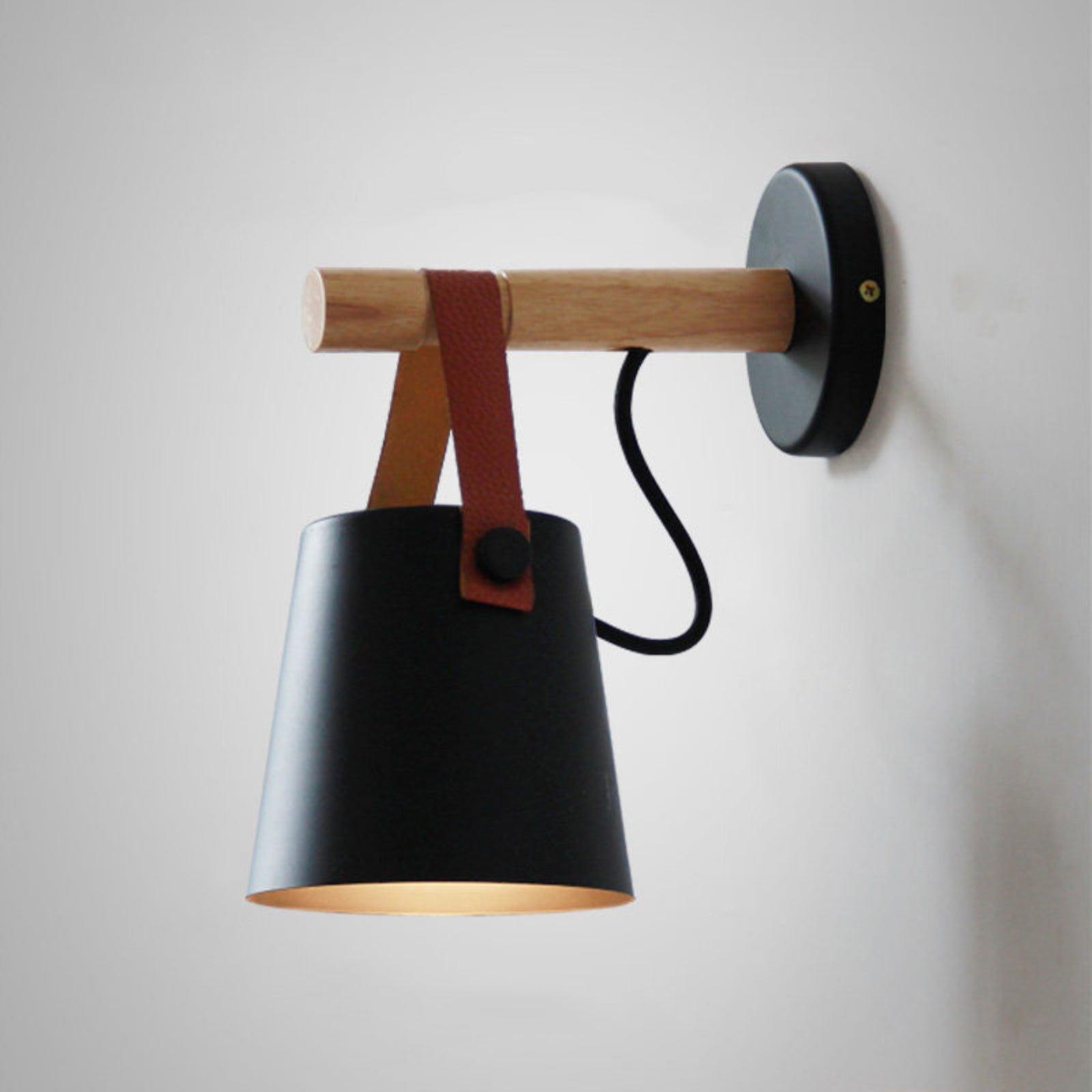 Modern Scandinavian Wood Conical Wall Sconce with Leather Strap Indoor Accent Light