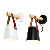Modern Scandinavian Wood Conical Wall Sconce with Leather Strap Indoor Accent Light