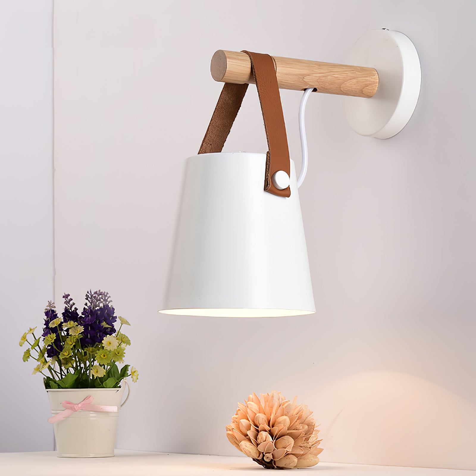 Modern Scandinavian Wood Conical Wall Sconce with Leather Strap Indoor Accent Light