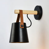 Modern Scandinavian Wood Conical Wall Sconce with Leather Strap Indoor Accent Light