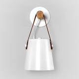 Modern Scandinavian Wood Conical Wall Sconce with Leather Strap Indoor Accent Light