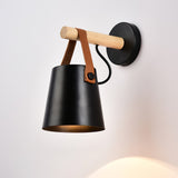 Modern Scandinavian Wood Conical Wall Sconce with Leather Strap Indoor Accent Light