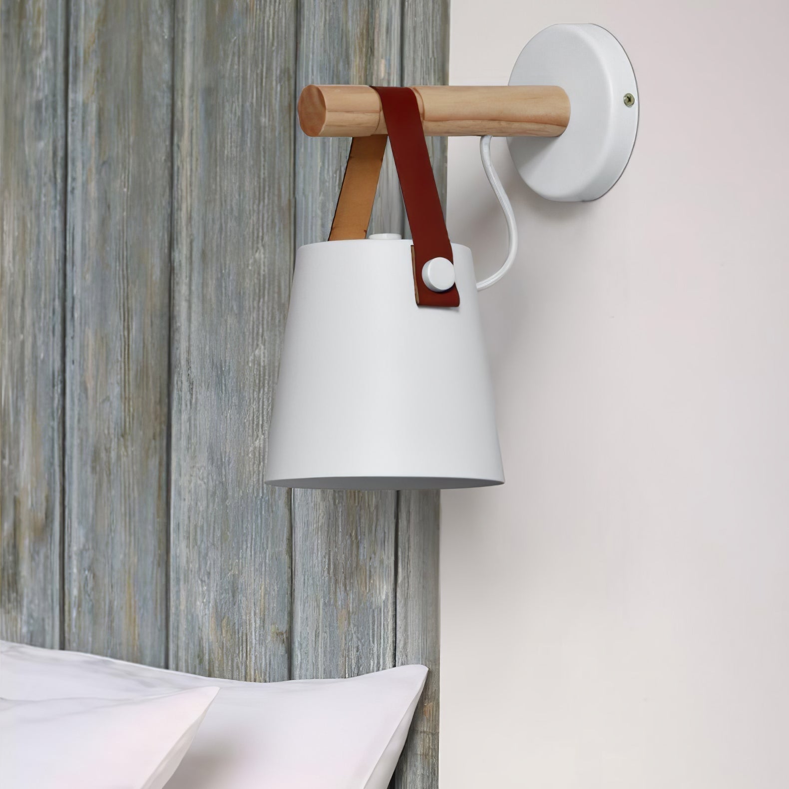 Modern Scandinavian Wood Conical Wall Sconce with Leather Strap Indoor Accent Light