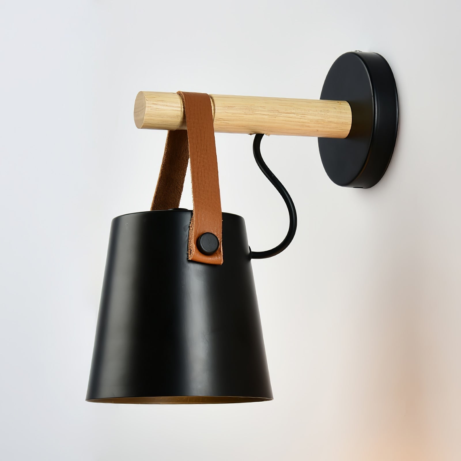 Modern Scandinavian Wood Conical Wall Sconce with Leather Strap Indoor Accent Light
