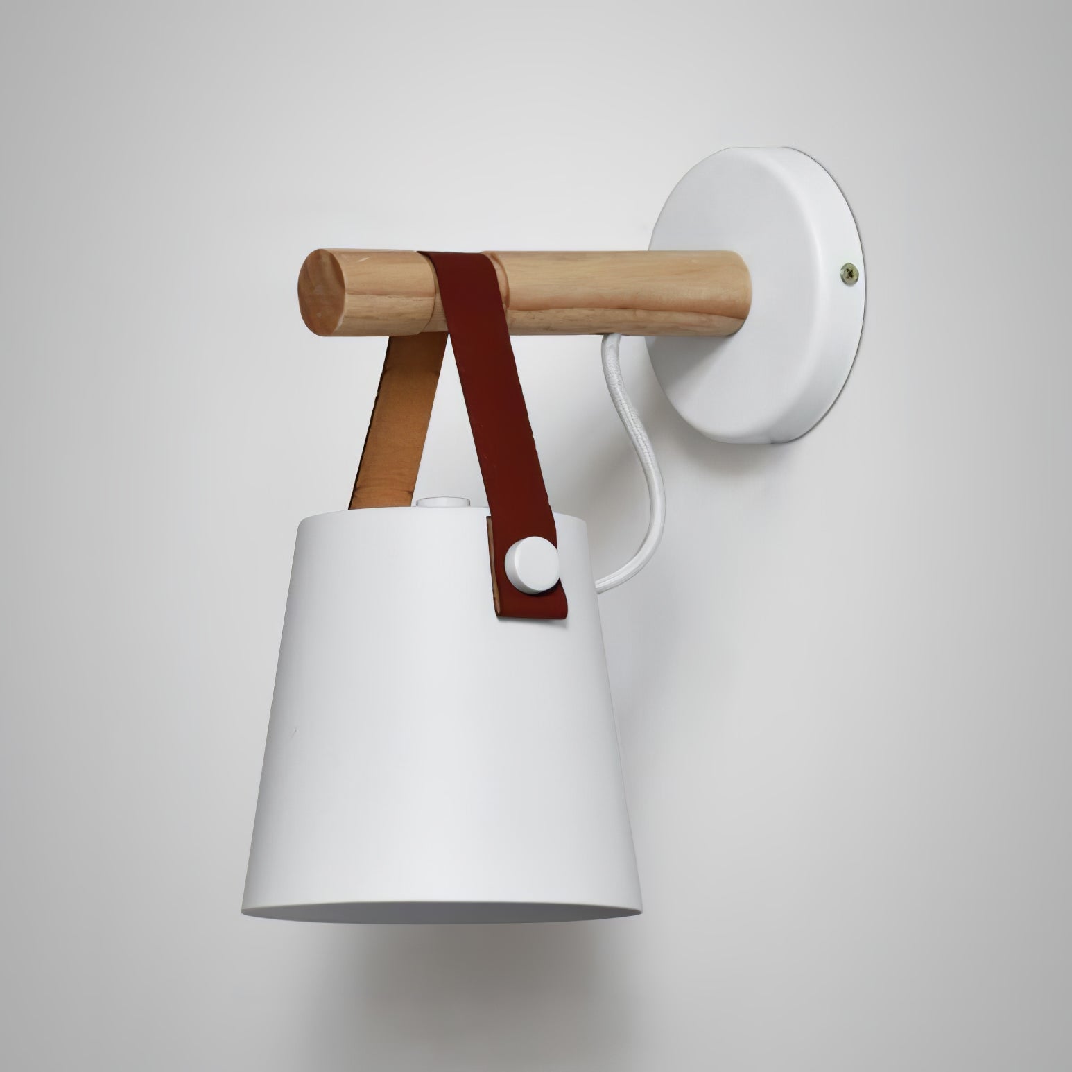 Modern Scandinavian Wood Conical Wall Sconce with Leather Strap Indoor Accent Light