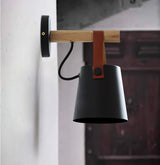 Modern Scandinavian Wood Conical Wall Sconce with Leather Strap Indoor Accent Light