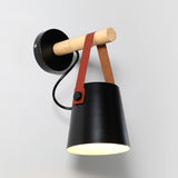Modern Scandinavian Wood Conical Wall Sconce with Leather Strap Indoor Accent Light