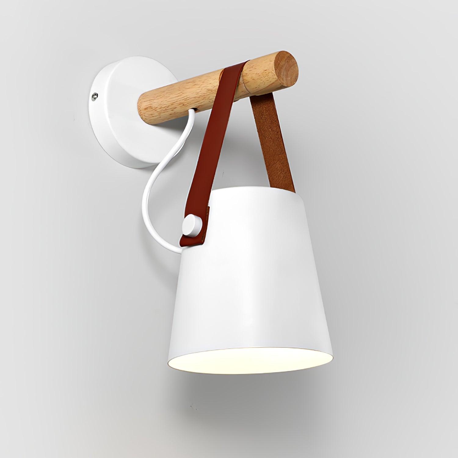 Modern Scandinavian Wood Conical Wall Sconce with Leather Strap Indoor Accent Light