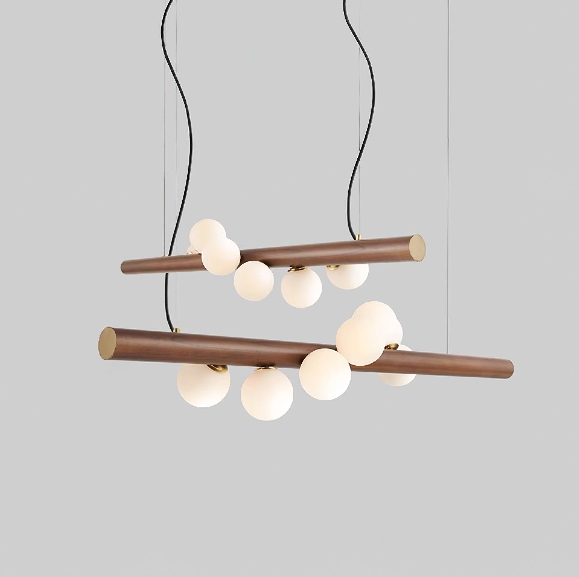 Modern Scandinavian Wood Linear Pendant Light with Glass Globe Shades