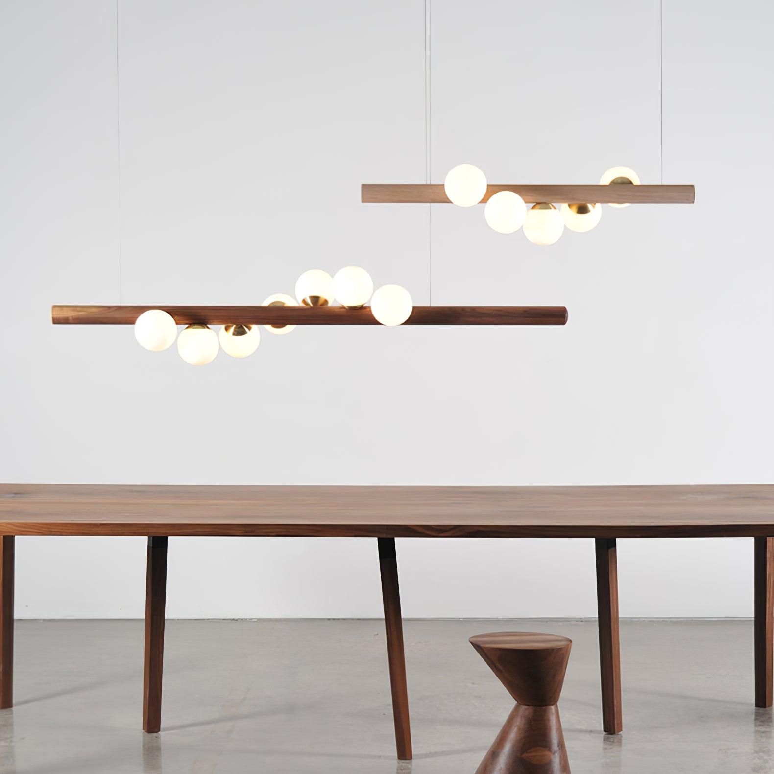 Modern Scandinavian Wood Linear Pendant Light with Glass Globe Shades