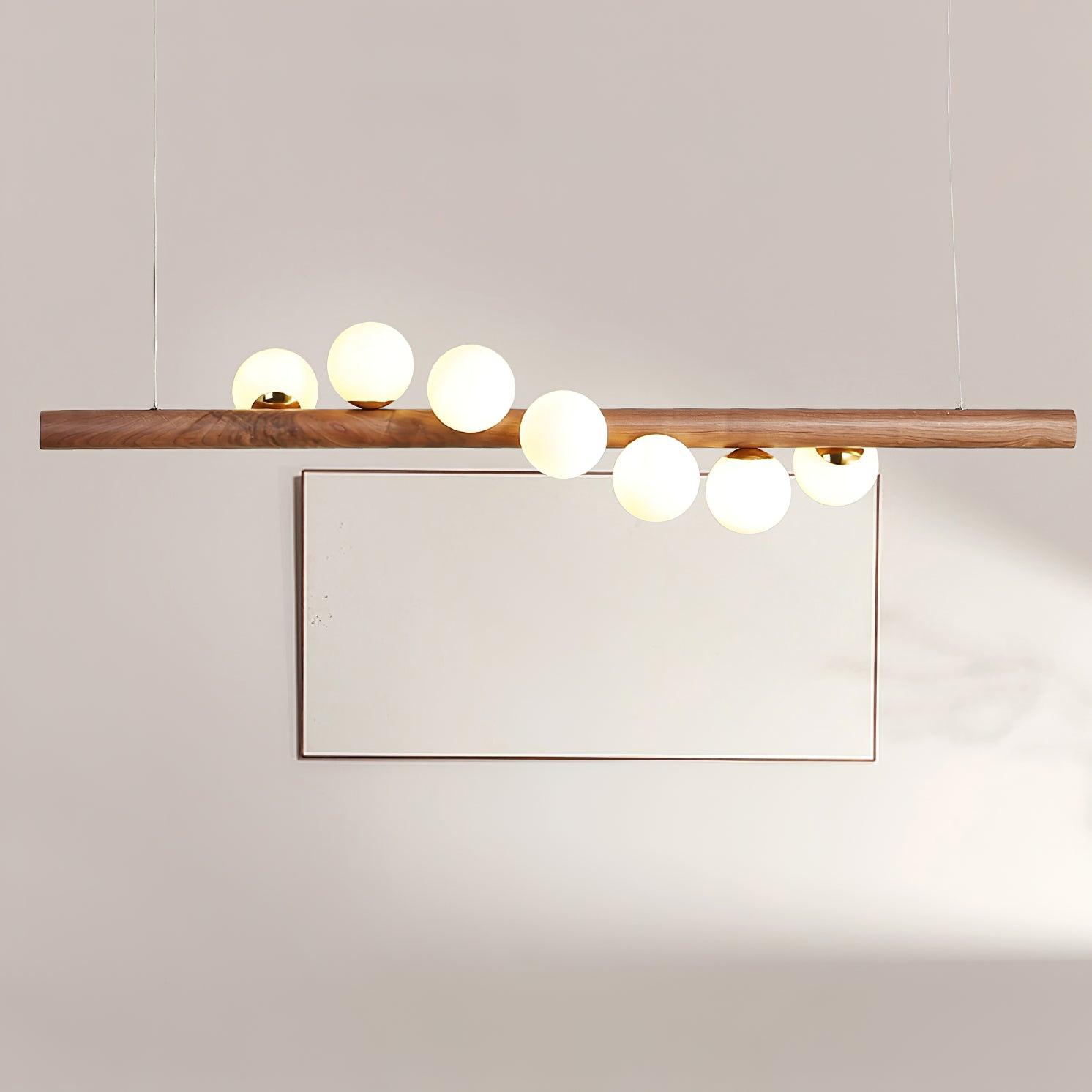 Modern Scandinavian Wood Linear Pendant Light with Glass Globe Shades