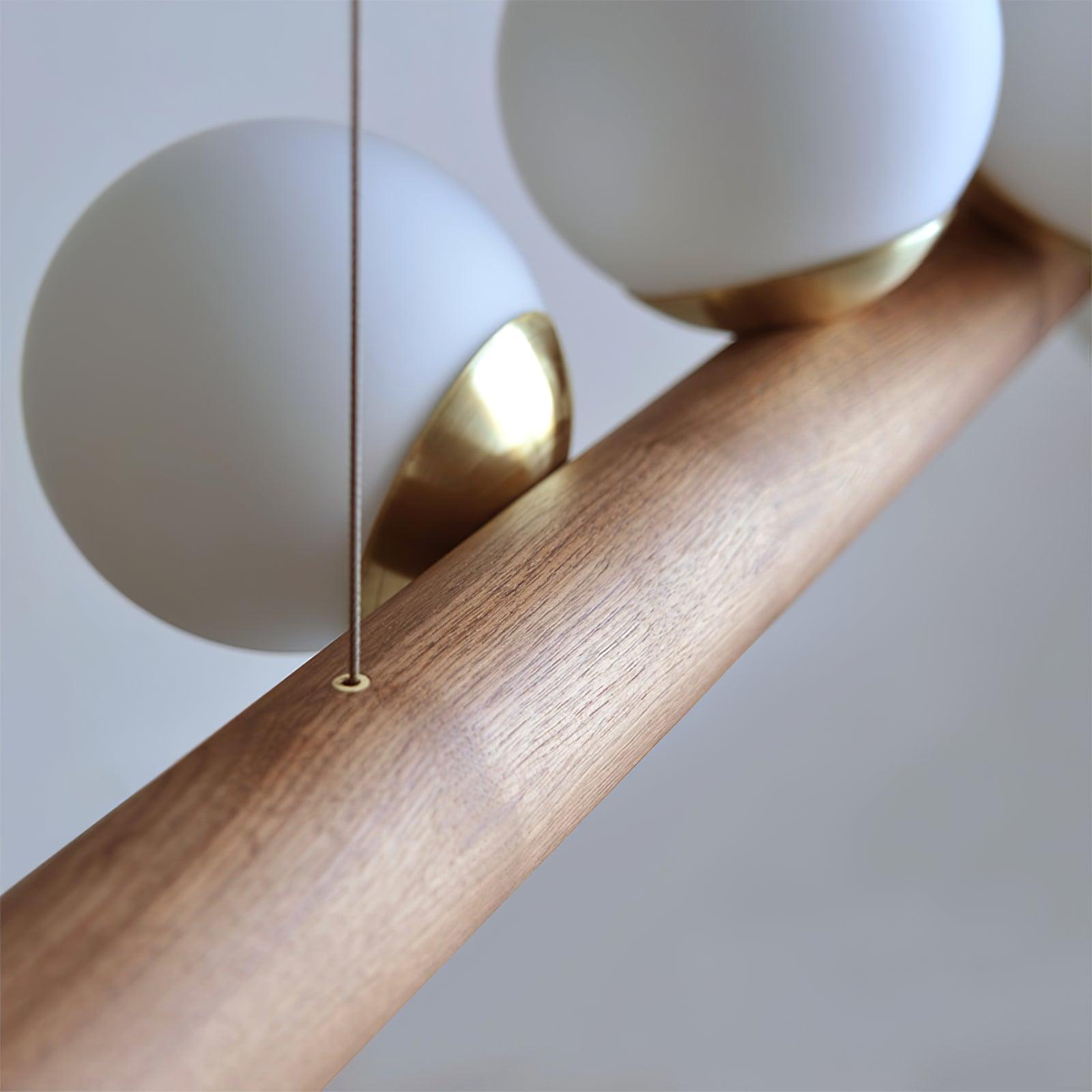 Modern Scandinavian Wood Linear Pendant Light with Glass Globe Shades