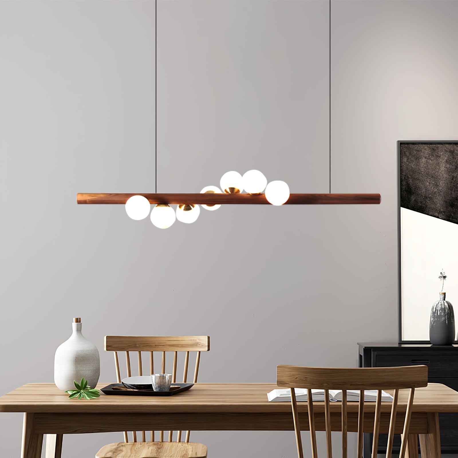 Modern Scandinavian Wood Linear Pendant Light with Glass Globe Shades