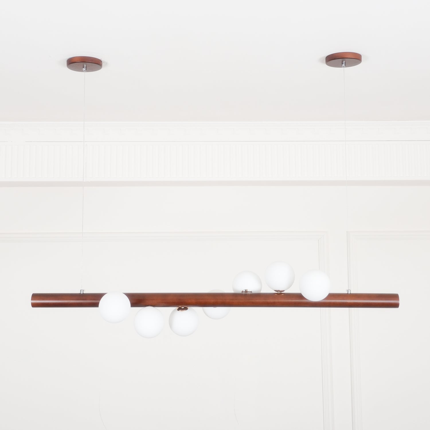 Modern Scandinavian Wood Linear Pendant Light with Glass Globe Shades