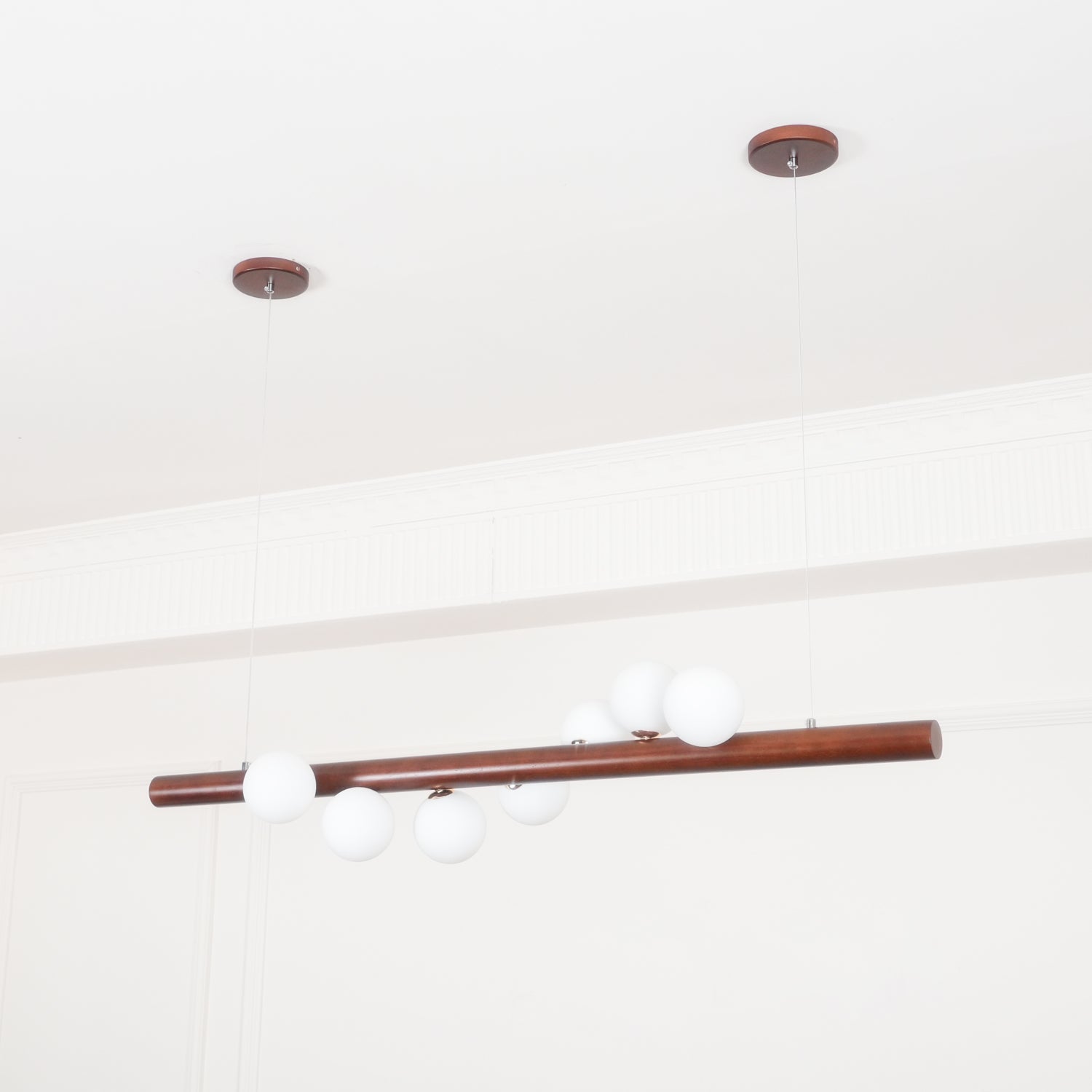 Modern Scandinavian Wood Linear Pendant Light with Glass Globe Shades