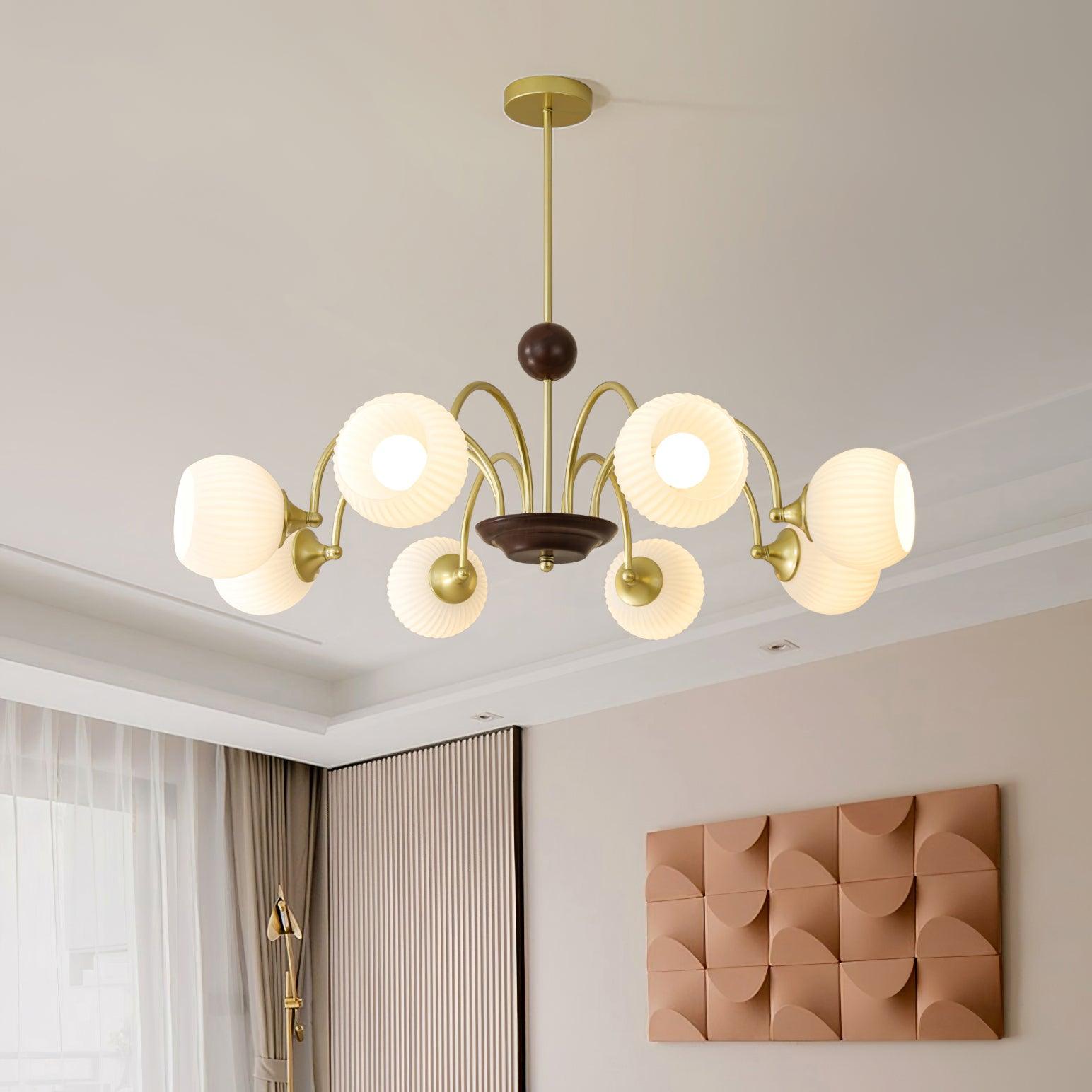 Modern Sculptural Glass Ribbed Chandelier Gold Mid Century Pendant Light for Dining Living Room