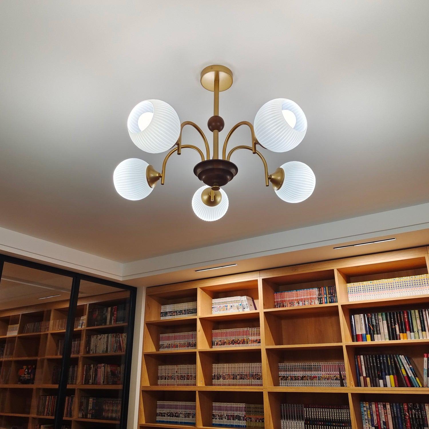 Modern Sculptural Glass Ribbed Chandelier Gold Mid Century Pendant Light for Dining Living Room
