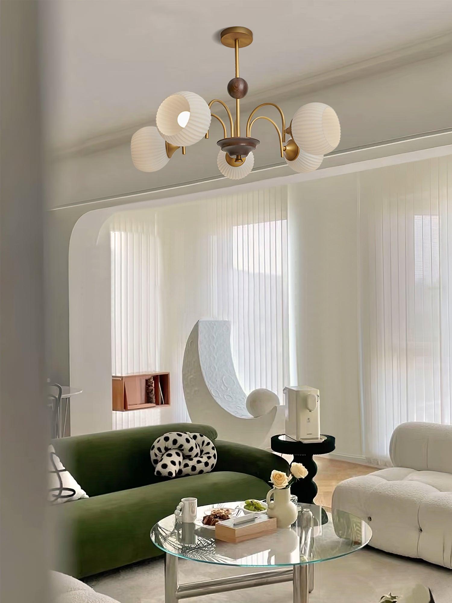 Modern Sculptural Glass Ribbed Chandelier Gold Mid Century Pendant Light for Dining Living Room