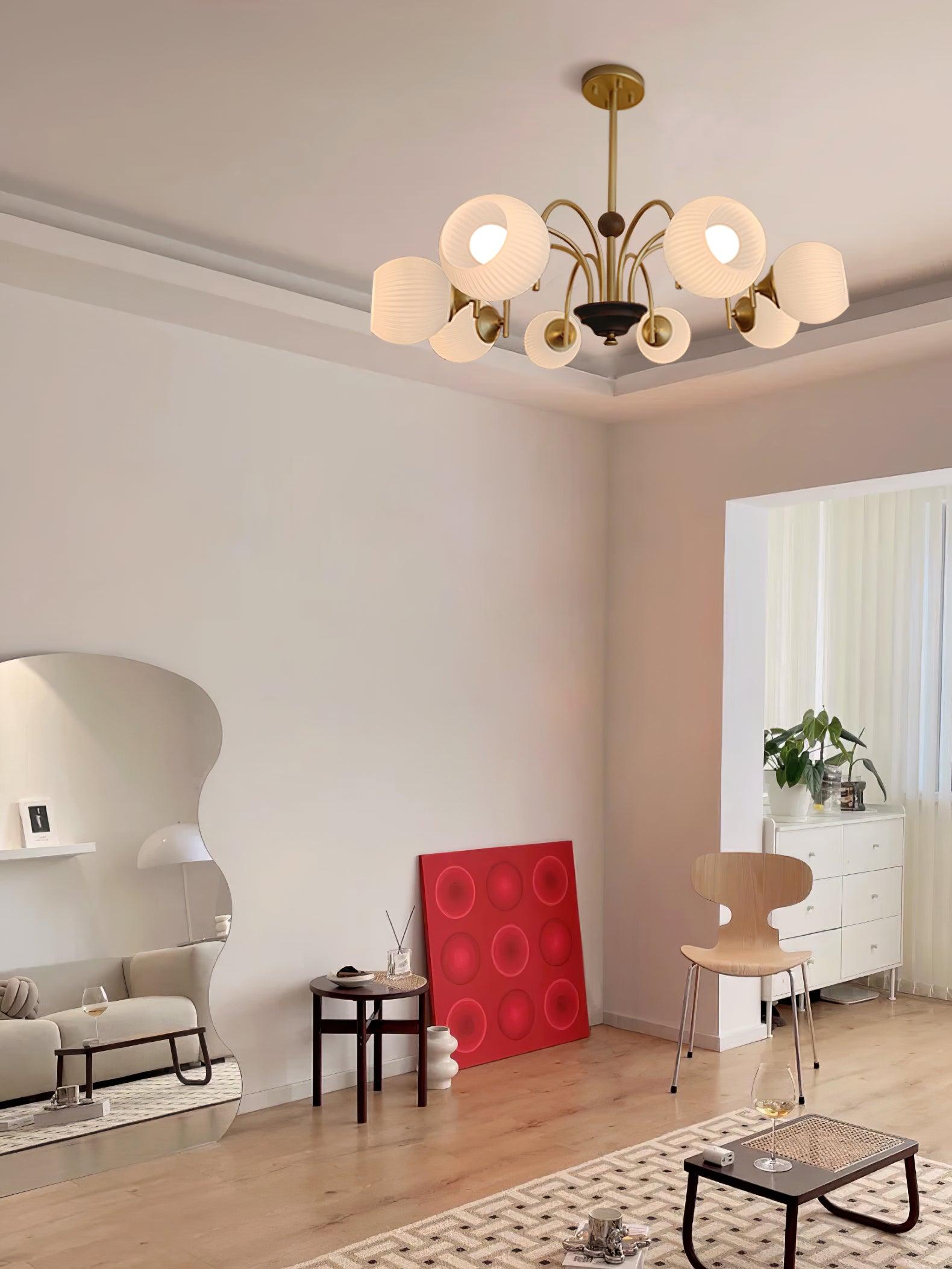 Modern Sculptural Glass Ribbed Chandelier Gold Mid Century Pendant Light for Dining Living Room